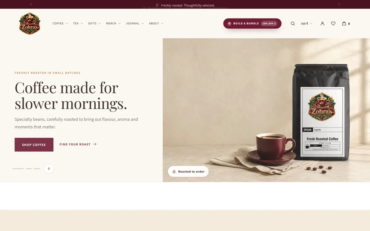 Zohra's Coffee Shop Shopify store, designed and built by Thriftizer