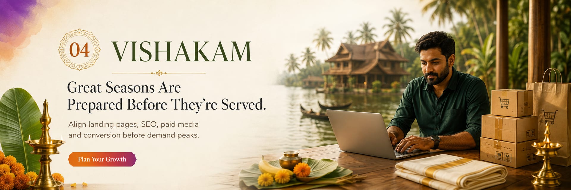Onam day 4, Vishakam — Great seasons are prepared before they're served. Align landing pages, SEO, paid media and conversion before demand peaks.