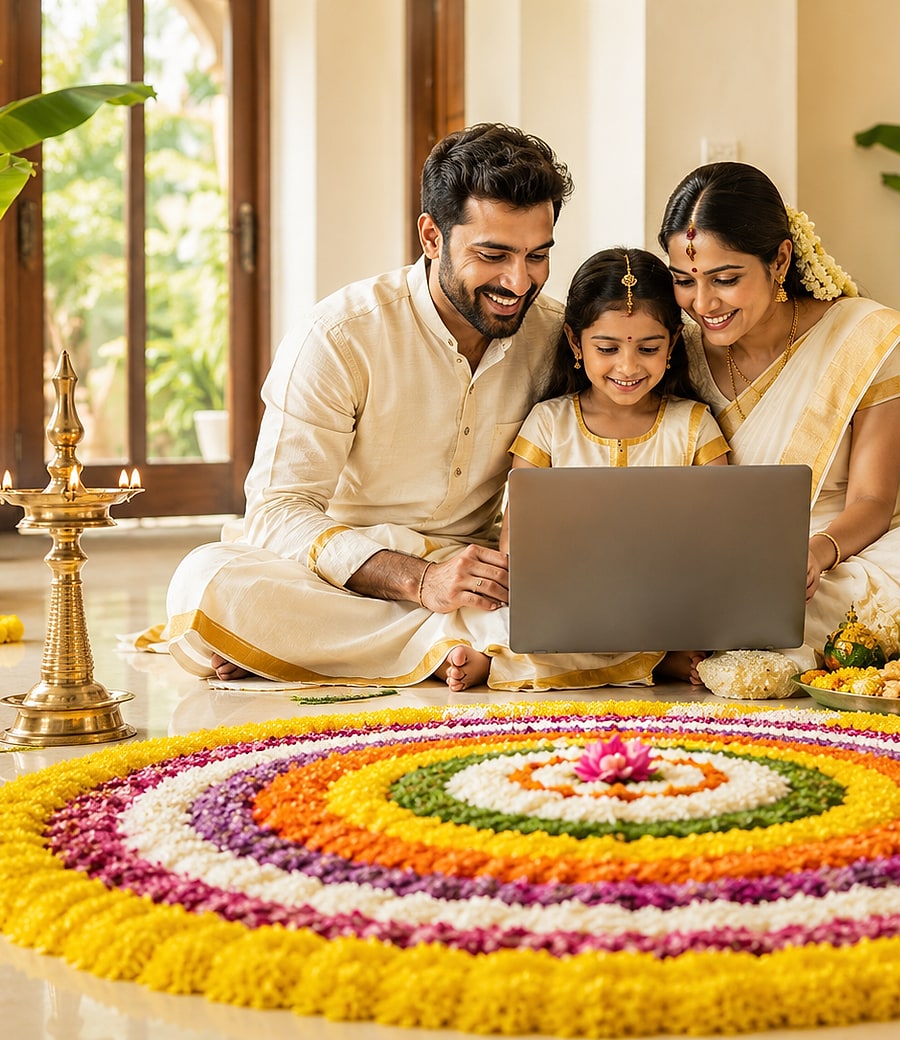 A Kerala family shopping online beside a pookalam during Onam